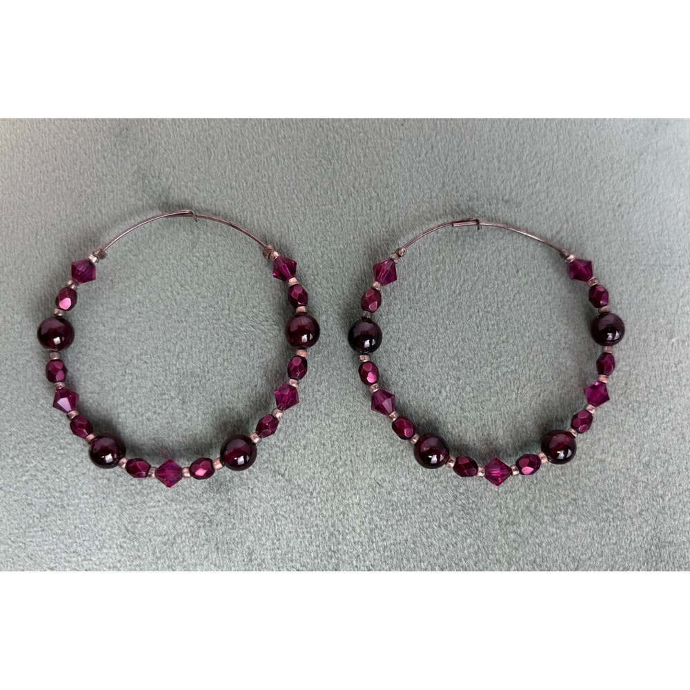 Magenta Plum Beaded Hoop Earrings Large Faceted Crystal Boho Wire Hoops P218